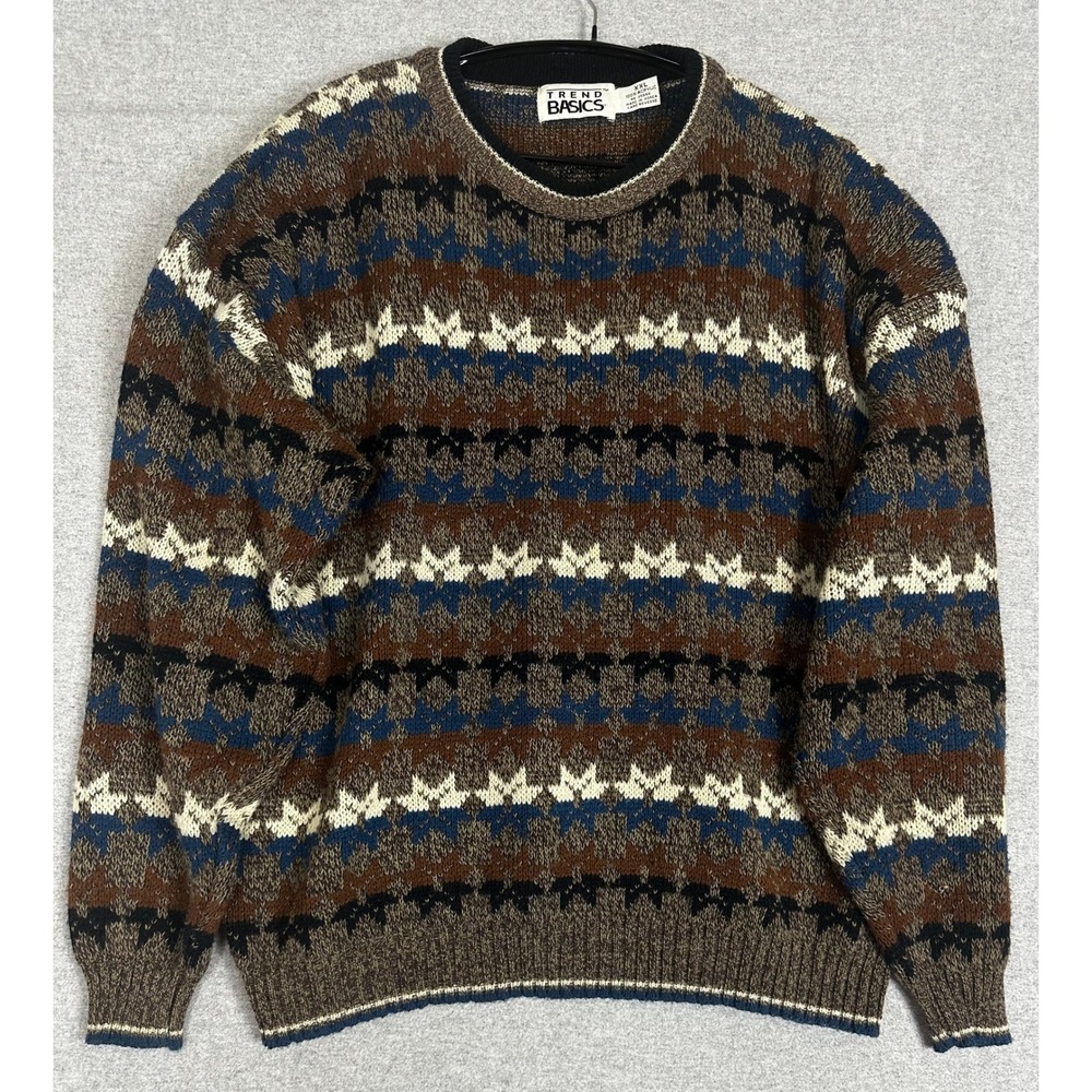 Vintage 90s Sweater Mens XXL Brown Multi Geometric Knit Chunky Aztec Snowflake